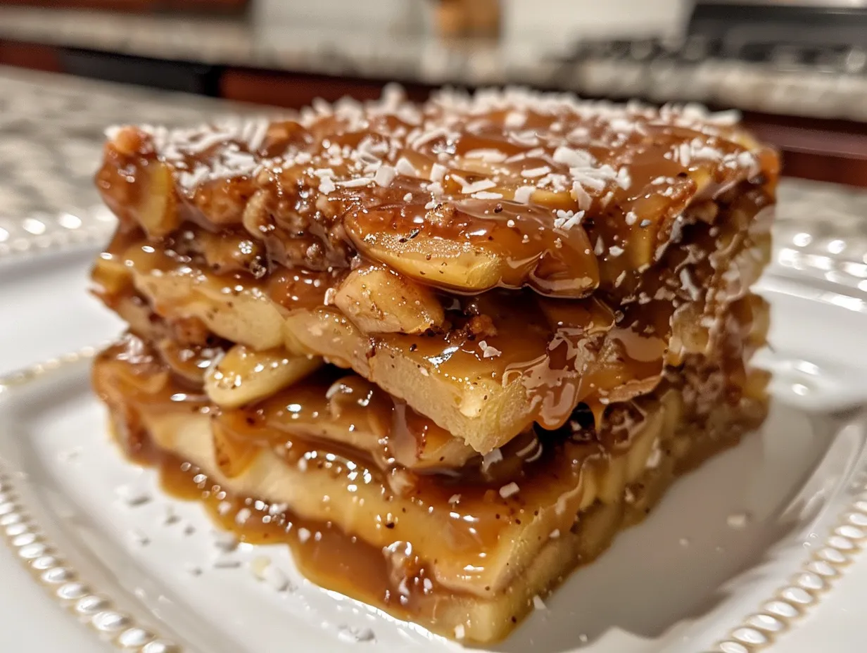 A stack of delicious Samoa Caramel Apple Slices ready to be served.