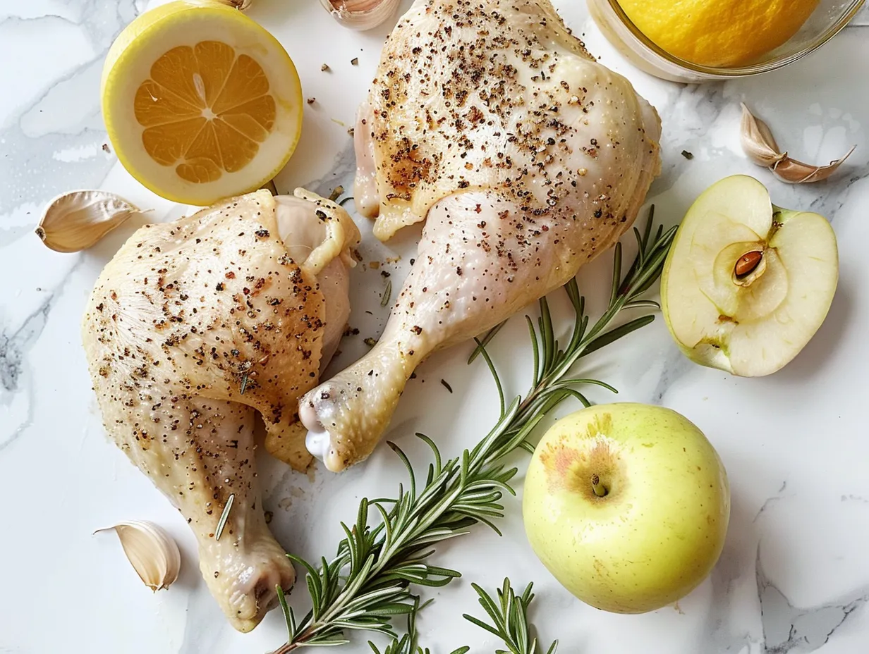 Skillet Apple Cider Chicken ingredients: chicken breasts, apples, cider, herbs, and spices arranged on a marble surface.