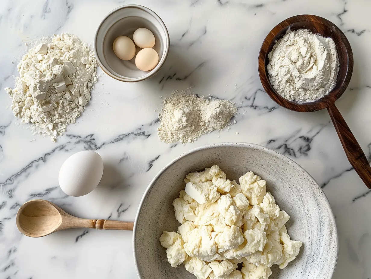 Ingredients for Simple Vanilla Beignets including milk, yeast, sugar, salt, egg, vanilla extract, butter, flour, oil, and powdered sugar.