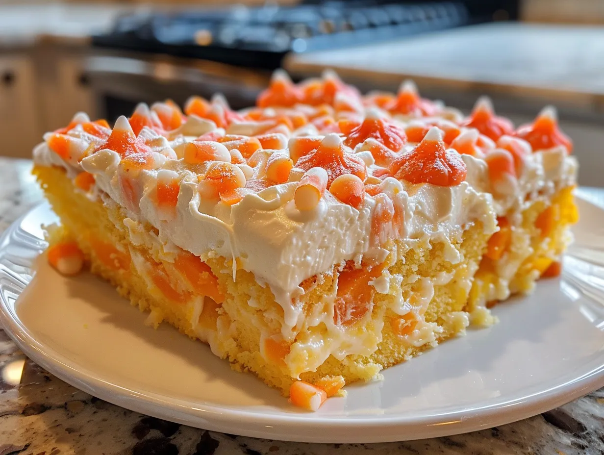 Delicious Candy Corn Poke Cake