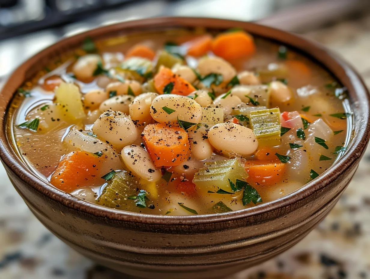 A hearty bowl of steaming white bean soup, garnished with parsley and a drizzle of olive oil.