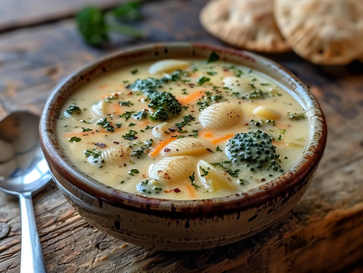 Bowl of Broccoli Cheddar Soup with Shells
