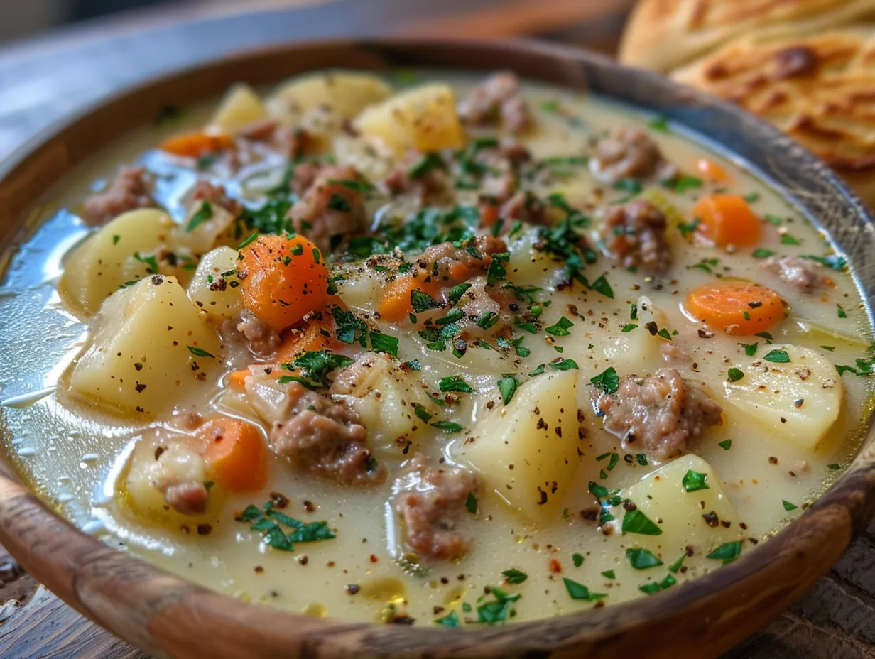 A bowl of creamy potato and sausage chowder garnished with green onions