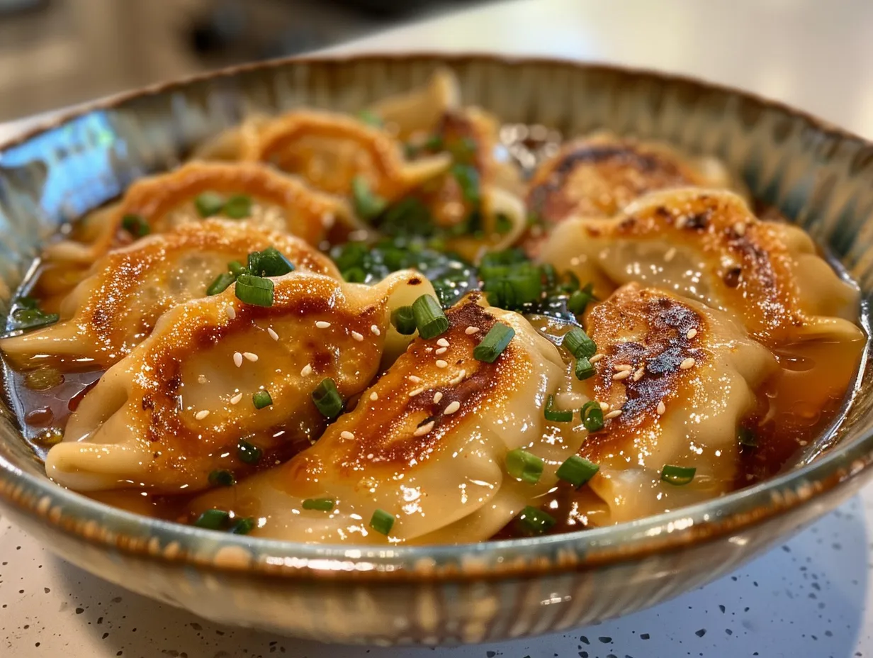 A comforting bowl of delicious potsticker soup garnished with green onions.
