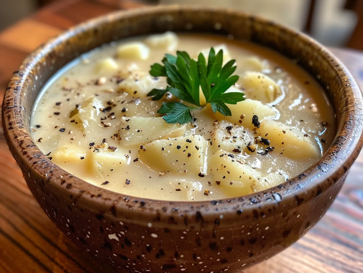 Bowl of hot and steamy German potato soup garnished with bacon and parsley.