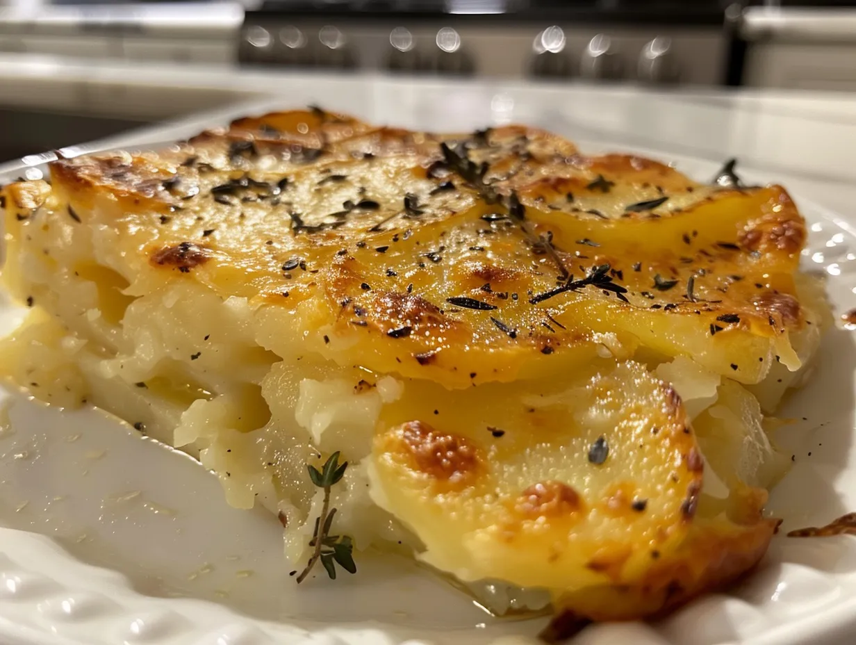 Cheesy scalloped potatoes ready to serve