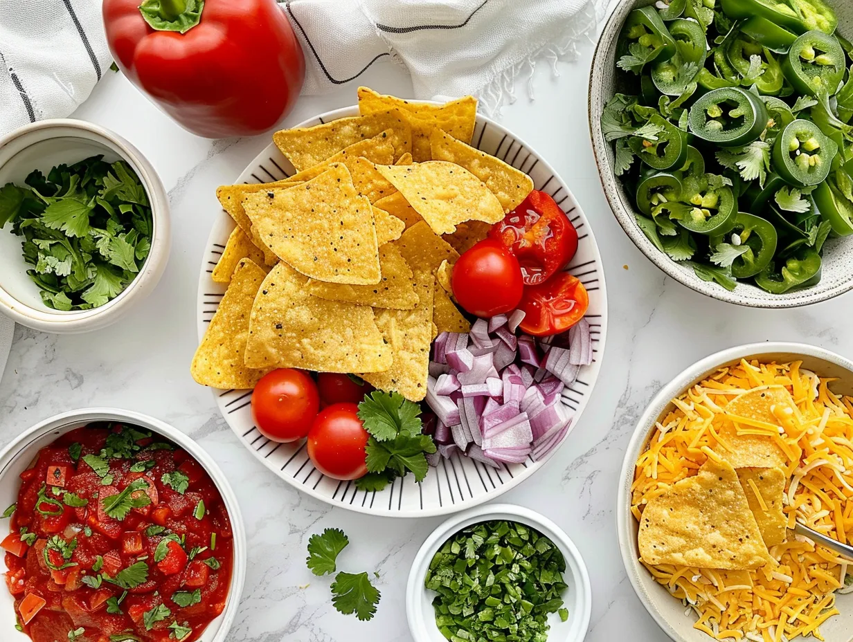 Chicken Enchilada Nachos ingredients: shredded chicken, enchilada sauce, black beans, corn, cheese, tortilla chips, and spices.