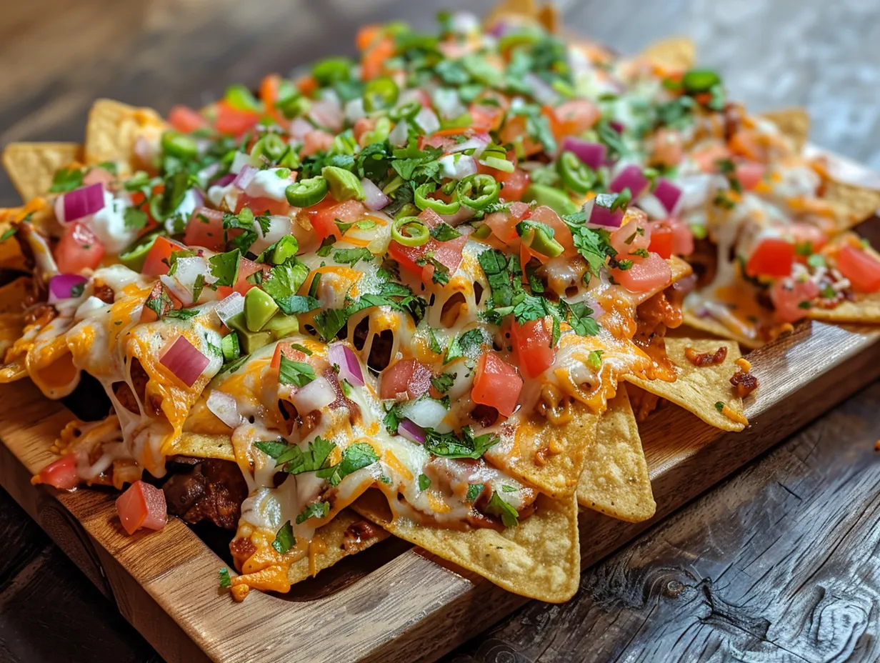 A platter of Chicken Enchilada Nachos topped with sour cream and cilantro, ready to serve.