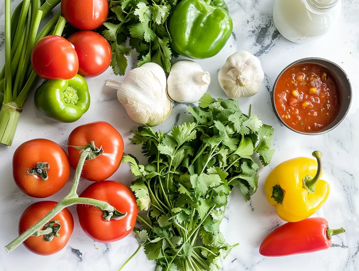 Ingredients for Chilis Chicken Enchilada Soup Recipe laid out on a wooden table
