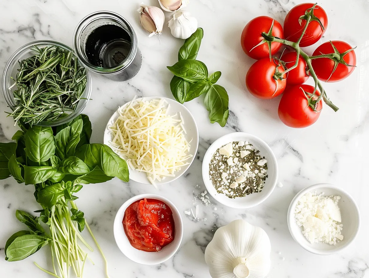 Ingredients for making Chicken Parmesan Soup, including chicken, vegetables, herbs, and cheese.