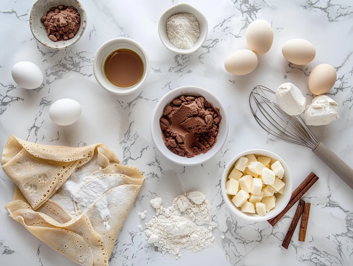 Ingredients for cinnamon roll protein crepes including pancake mix, protein powder, milk, eggs, and spices