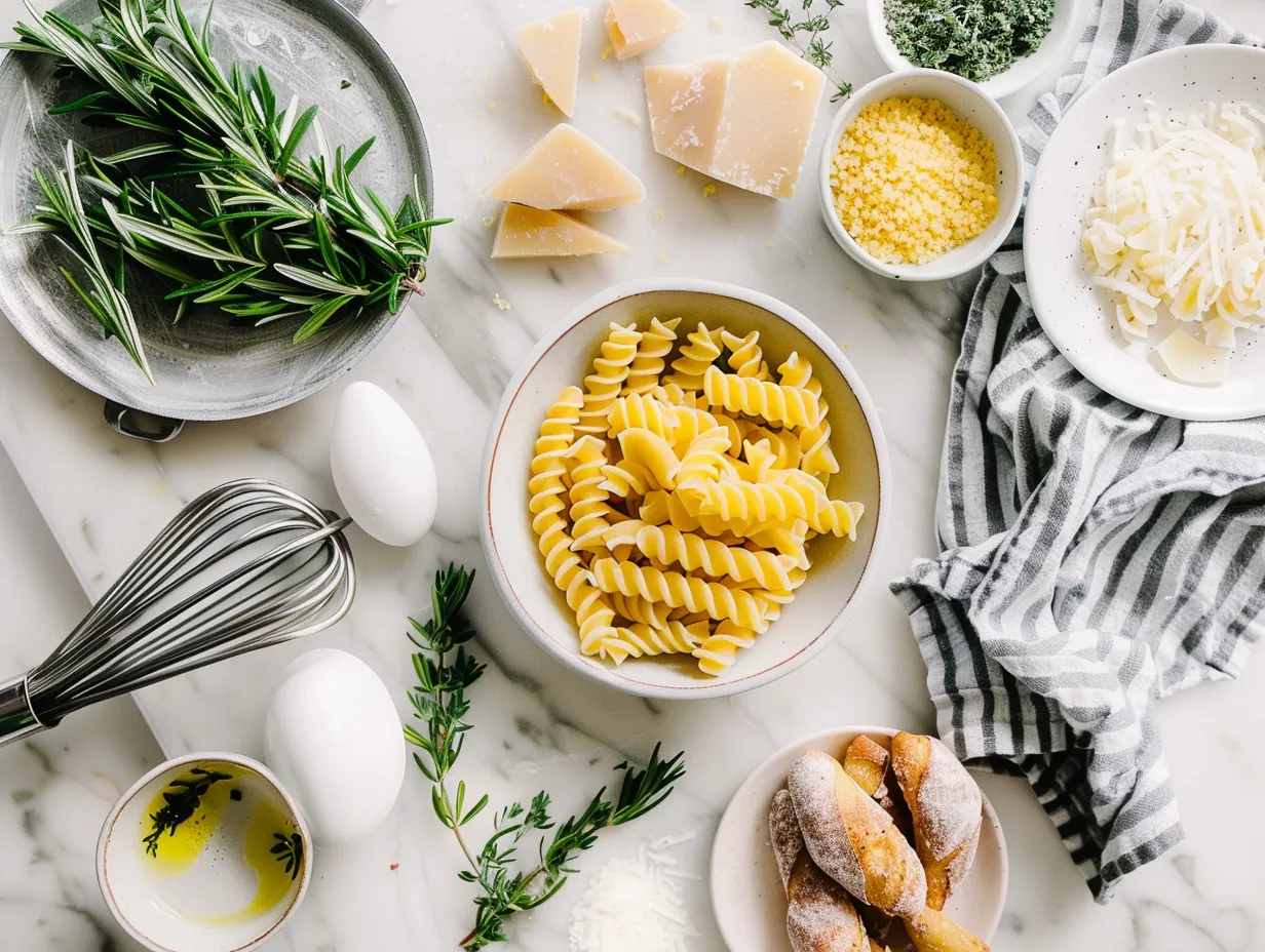 Ingredients for making creamy pasta soup including pasta, vegetables, broth, and spices