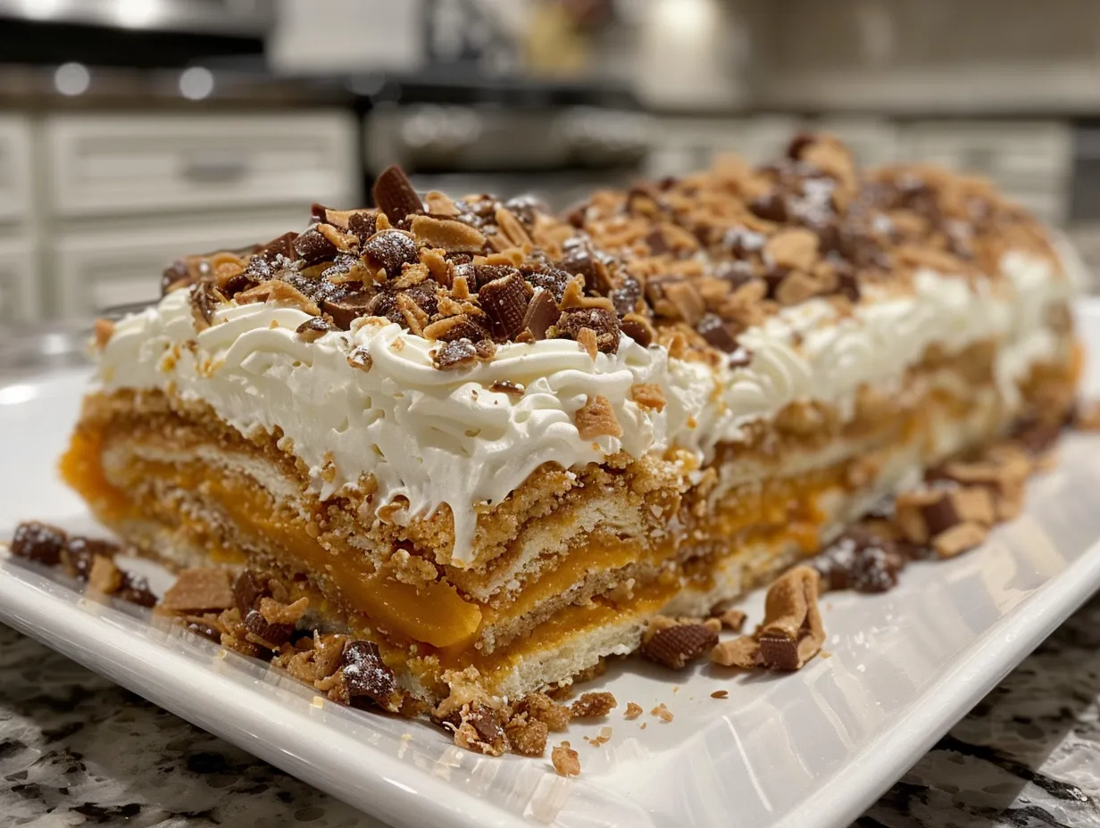 A beautifully displayed Pumpkin Cannoli Cake Roll, sliced and dusted with powdered sugar, ready to serve.