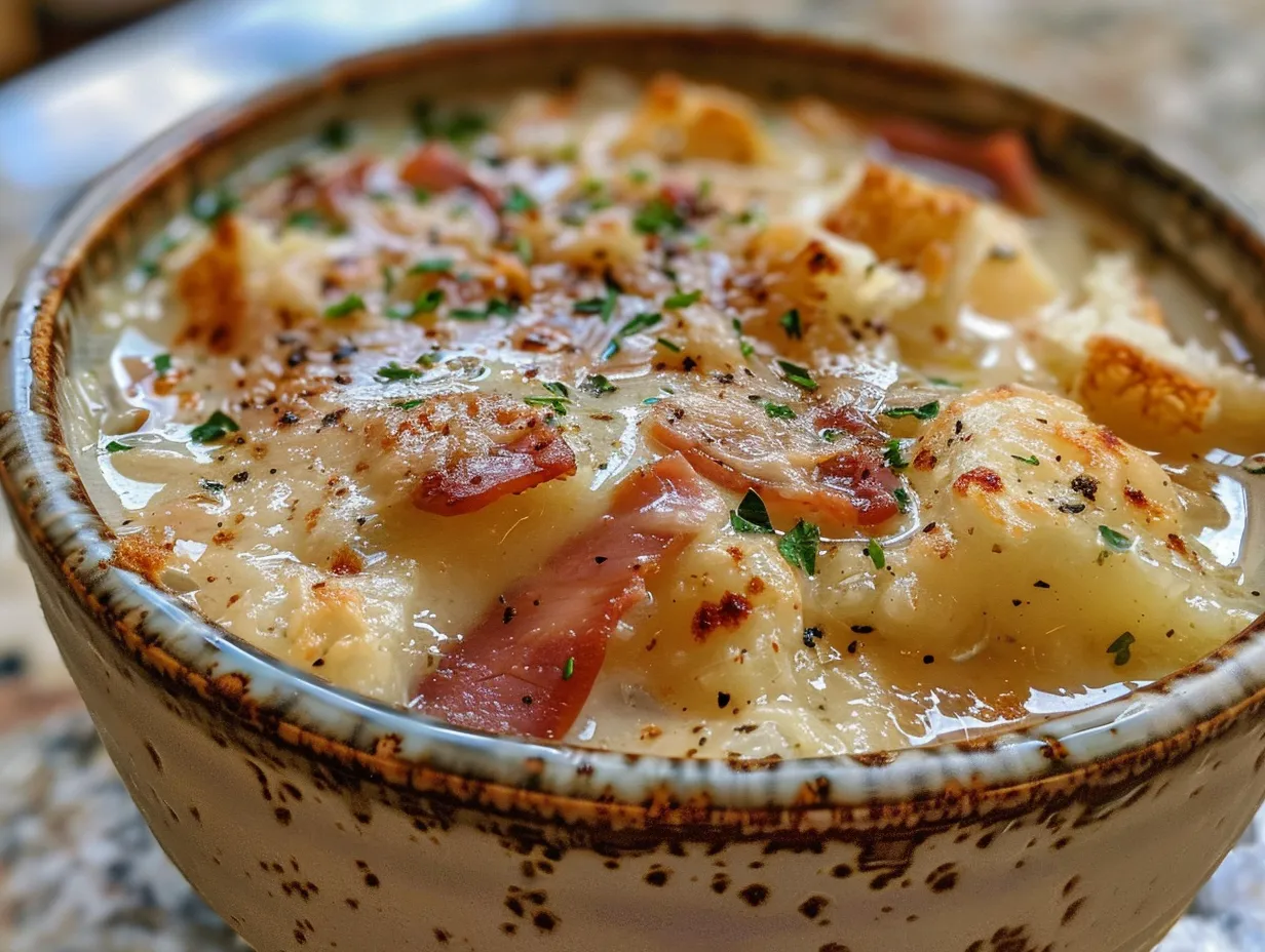 A bowl of delicious creamy reuben soup garnished with fresh herbs