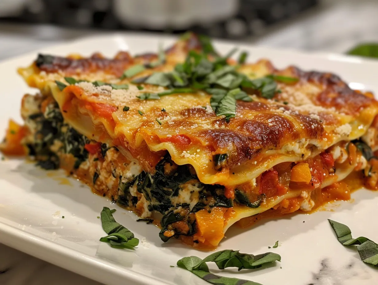 Deliciously prepared vegetarian pumpkin spinach lasagna