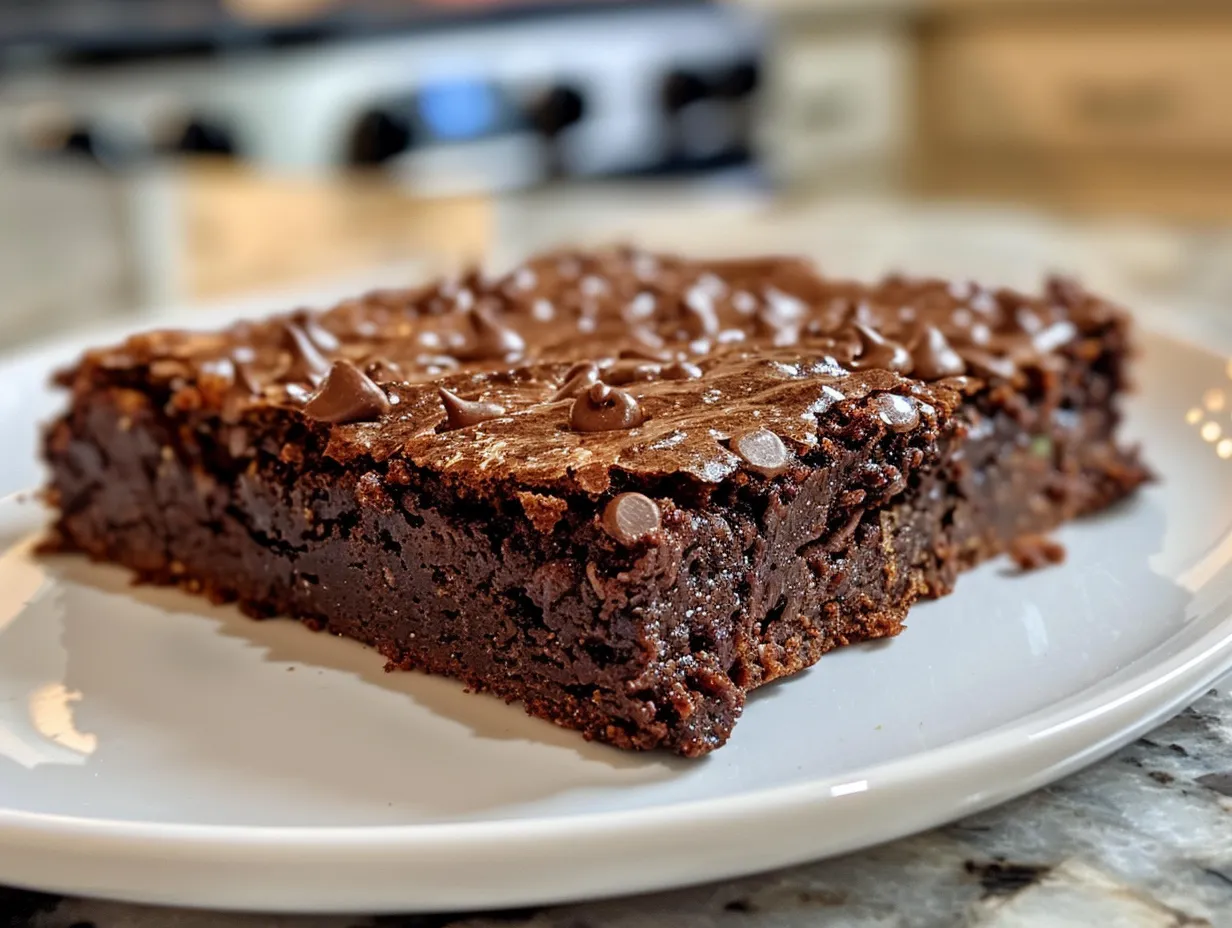 A close-up shot of several delicious zucchini brownies, showcasing their fudgy texture and chocolate chips.