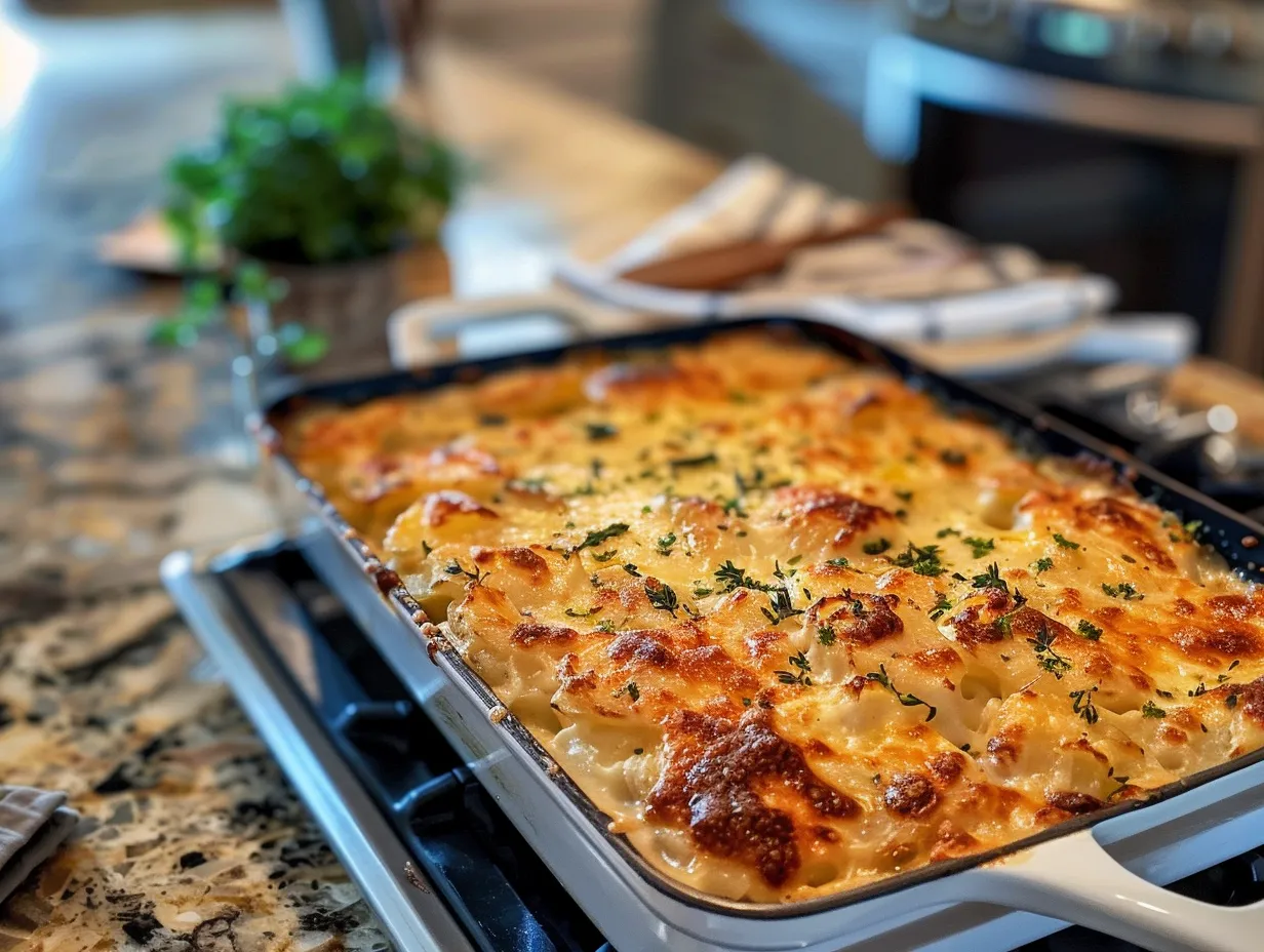 Finished cheesy scalloped potatoes in a baking dish