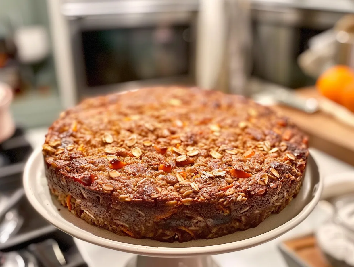 Finished flourless oatmeal carrot cake displayed on a kitchen counter.