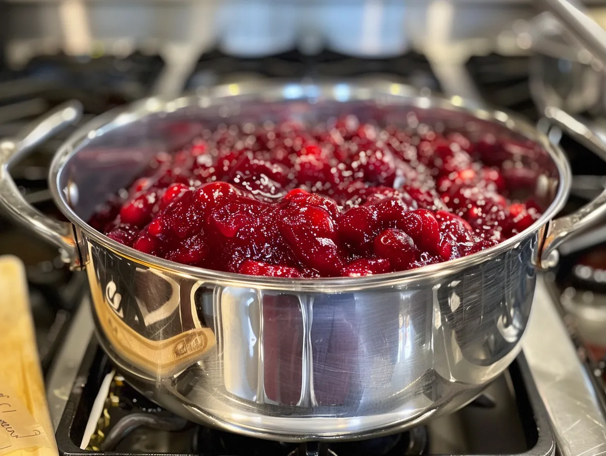 Finished spiced cranberry sauce in a glass bowl.