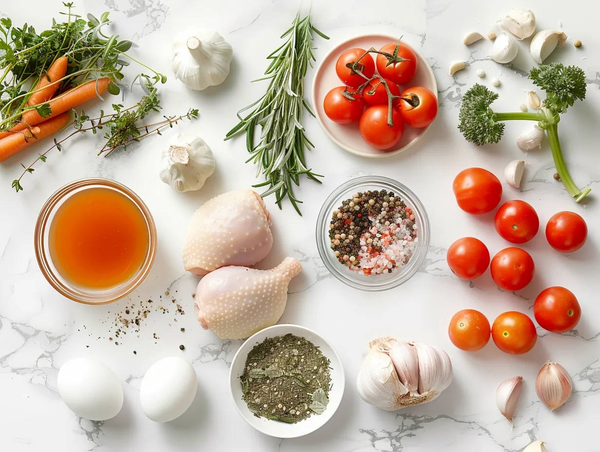 Fresh ingredients, including chicken, vegetables, herbs, and spices, for preparing a homemade chicken and dumpling soup.