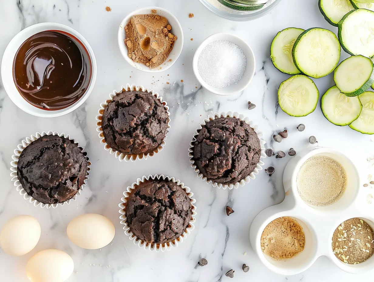 Fresh ingredients for making chocolate zucchini muffins, including zucchini, cocoa, and chocolate chips.