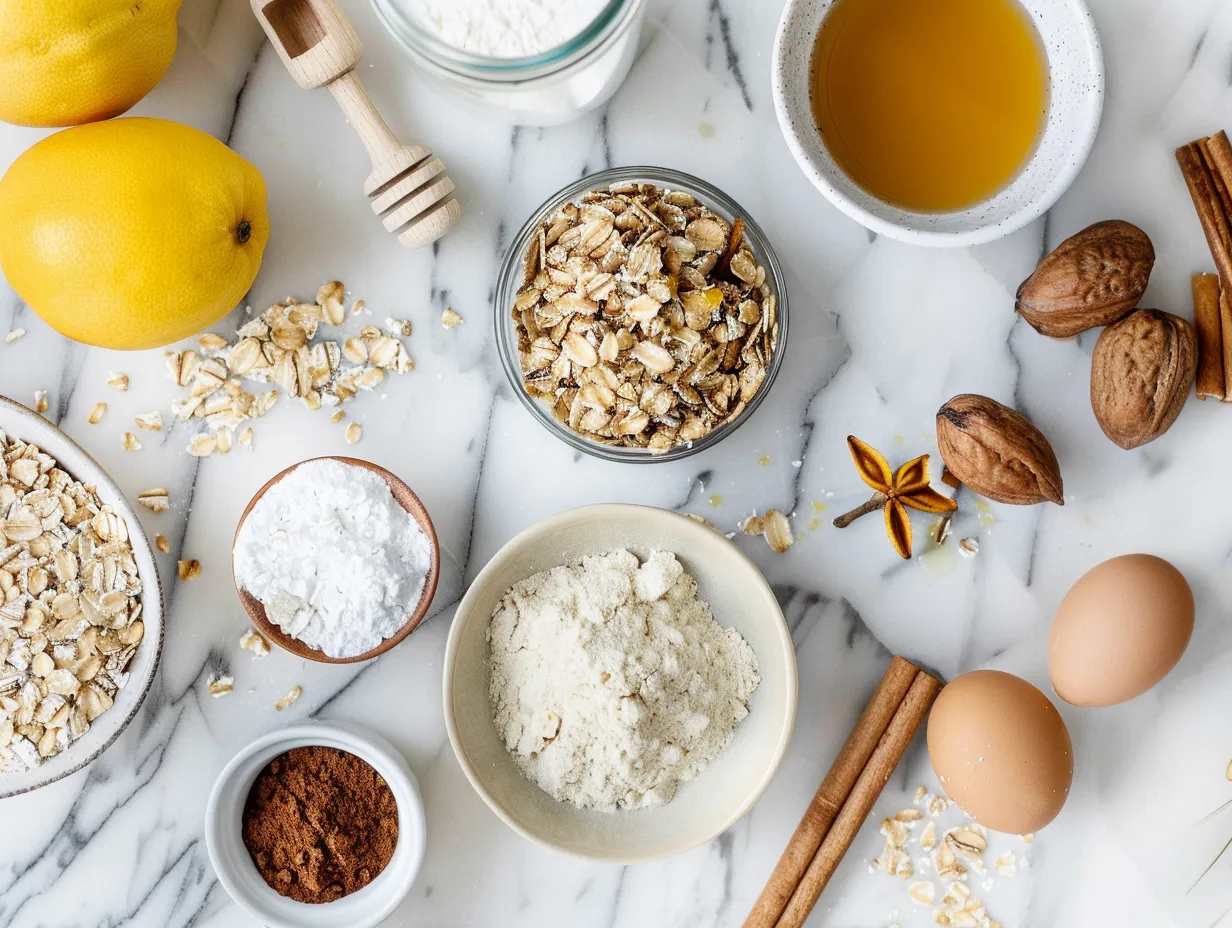 Fresh ingredients for easy baked oats on a wooden countertop