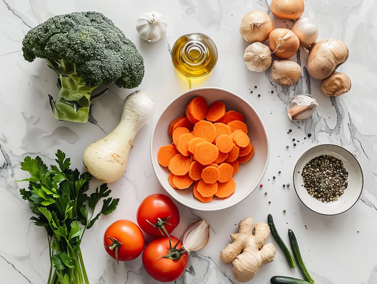 Fresh ingredients for making roasted vegetable soup