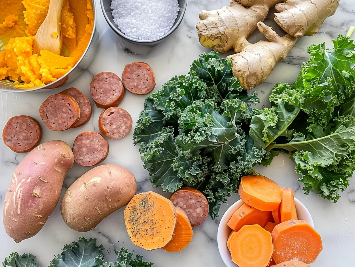 Fresh ingredients needed to prepare sausage sweet potato kale soup: sausage, sweet potato, kale, onion, garlic, broth, and spices.