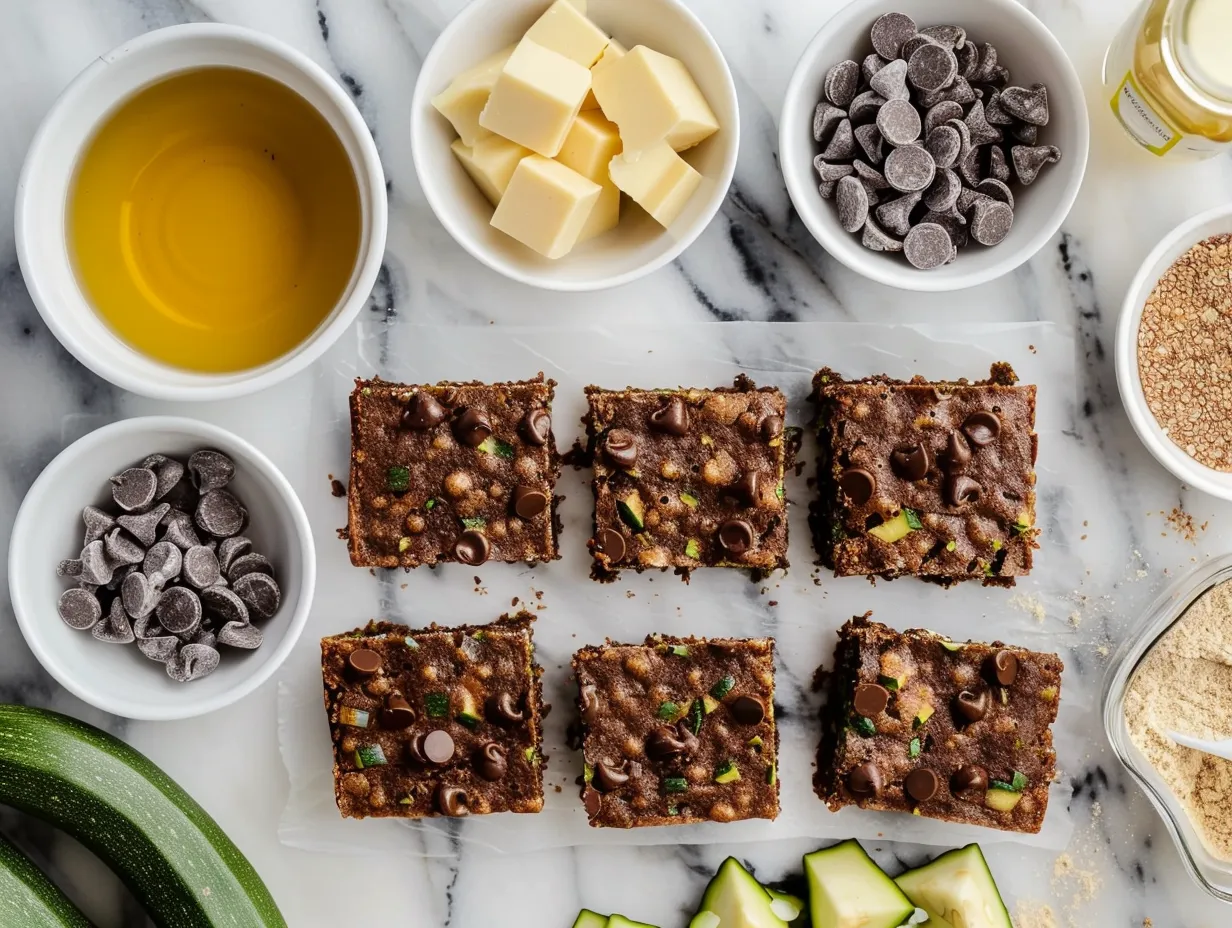 Ingredients for making chewy chocolate chip zucchini cookie bars including butter, sugar, eggs, flour, zucchini, and chocolate chips