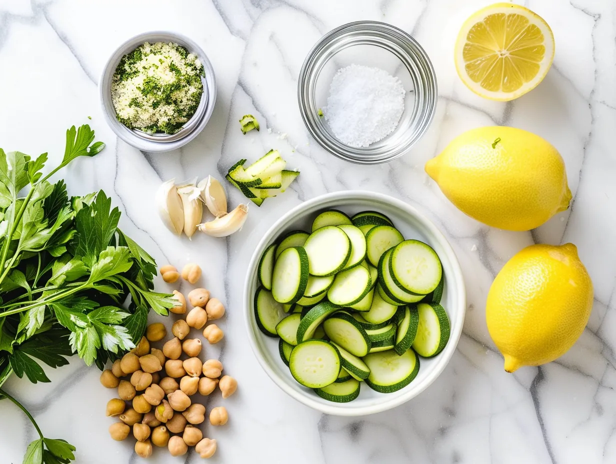 Fresh ingredients for making zucchini chickpea skillet
