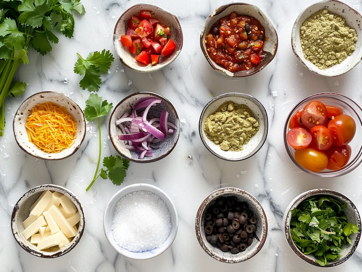 Ingredients for Ghost Mini Taco Pies including ground beef, taco seasoning, pie crusts, cheese, and olives
