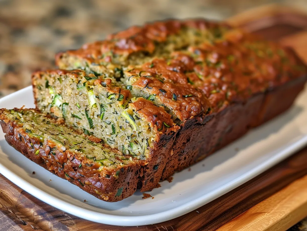 A sliced loaf of homemade Greek yogurt zucchini bread on a rustic wooden cutting board