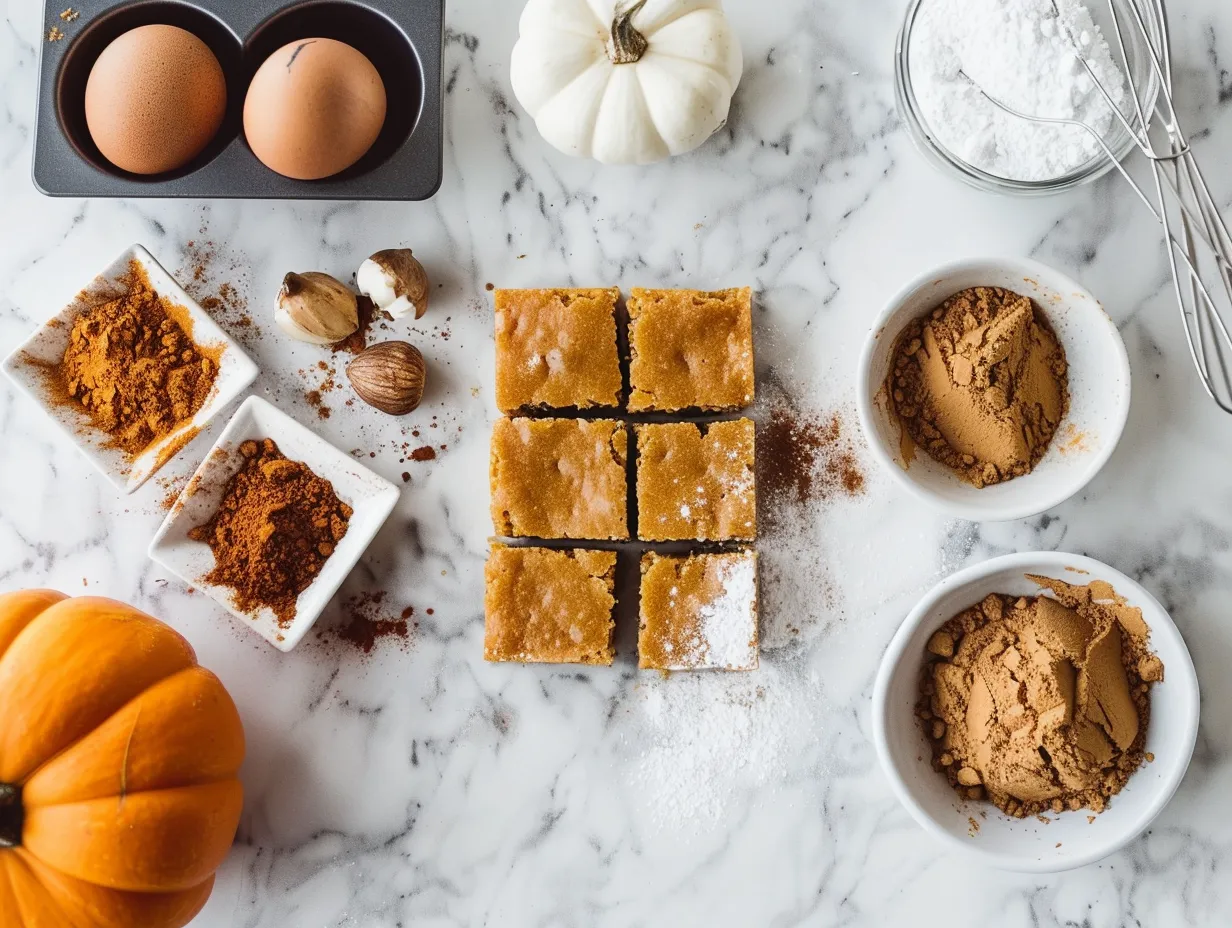 Ingredients for Halloween Blondies including butter, brown sugar, eggs, flour, baking powder, salt, vanilla extract, chopped Halloween candy, and sprinkles
