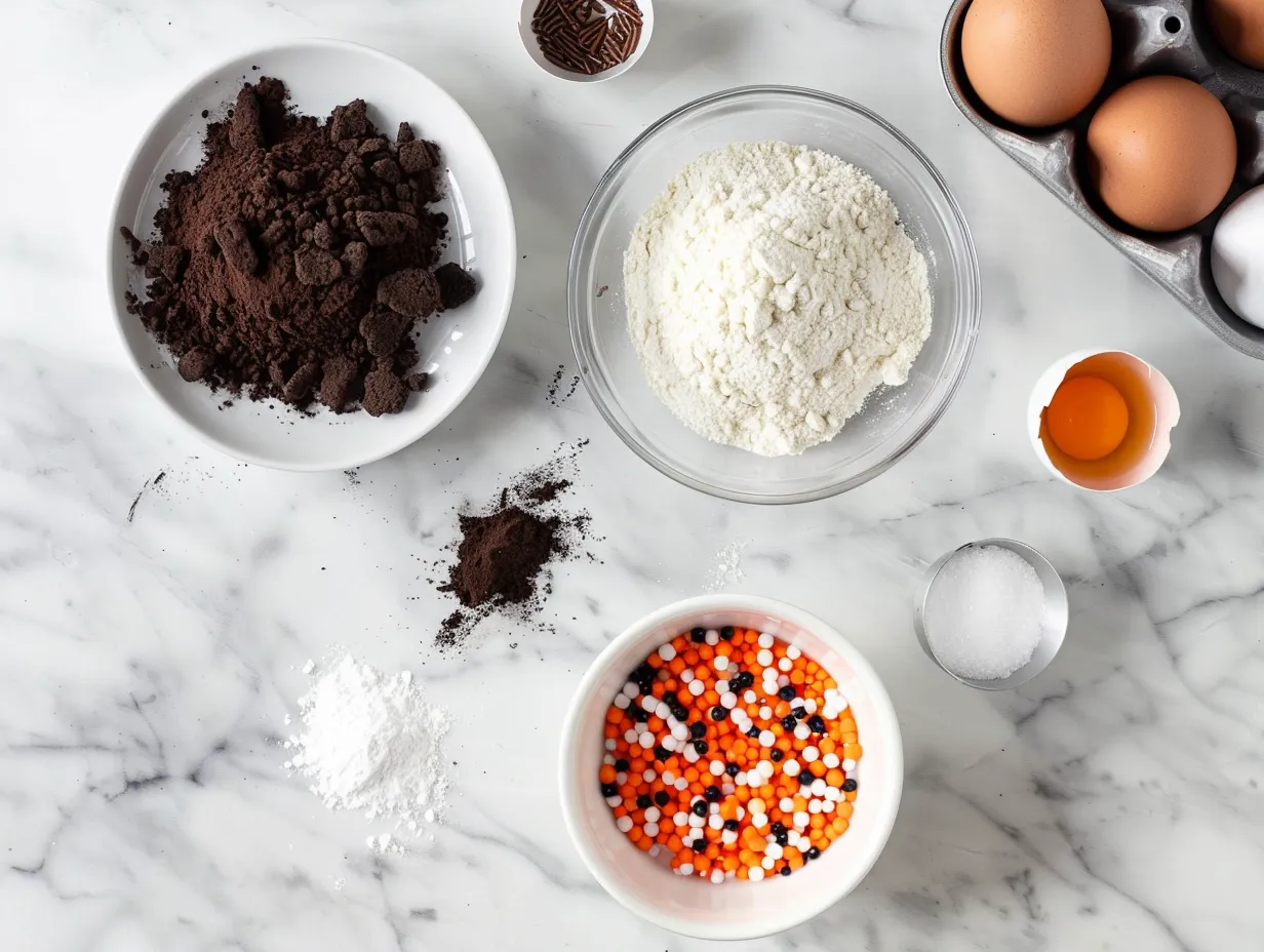 Ingredients for making Halloween Crinkle Cookies including butter, sugar, eggs, vanilla, flour, cocoa powder, baking powder, salt, and powdered sugar.