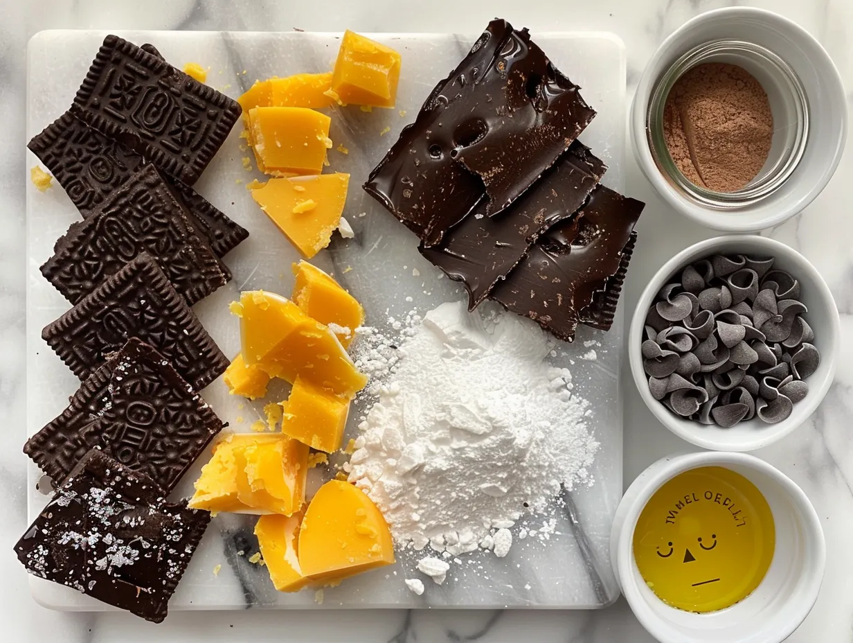 Halloween Oreo Bark ingredients: white chocolate, oreos, sprinkles, pretzels, M&Ms, coconut oil and gummy worms on a marble countertop