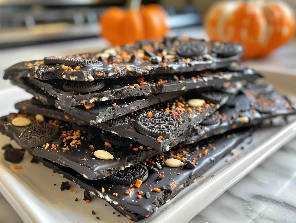 Finished Halloween Oreo Bark broken into pieces on parchment paper