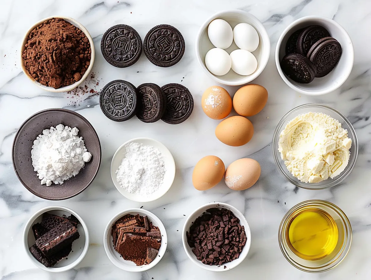 Ingredients for Halloween Oreo Brownie Bars including butter, sugar, cocoa powder, Oreos, and sprinkles