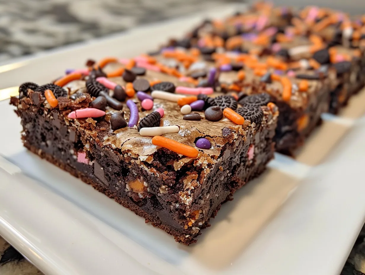 Halloween Oreo Brownie Bars on a platter ready to be served