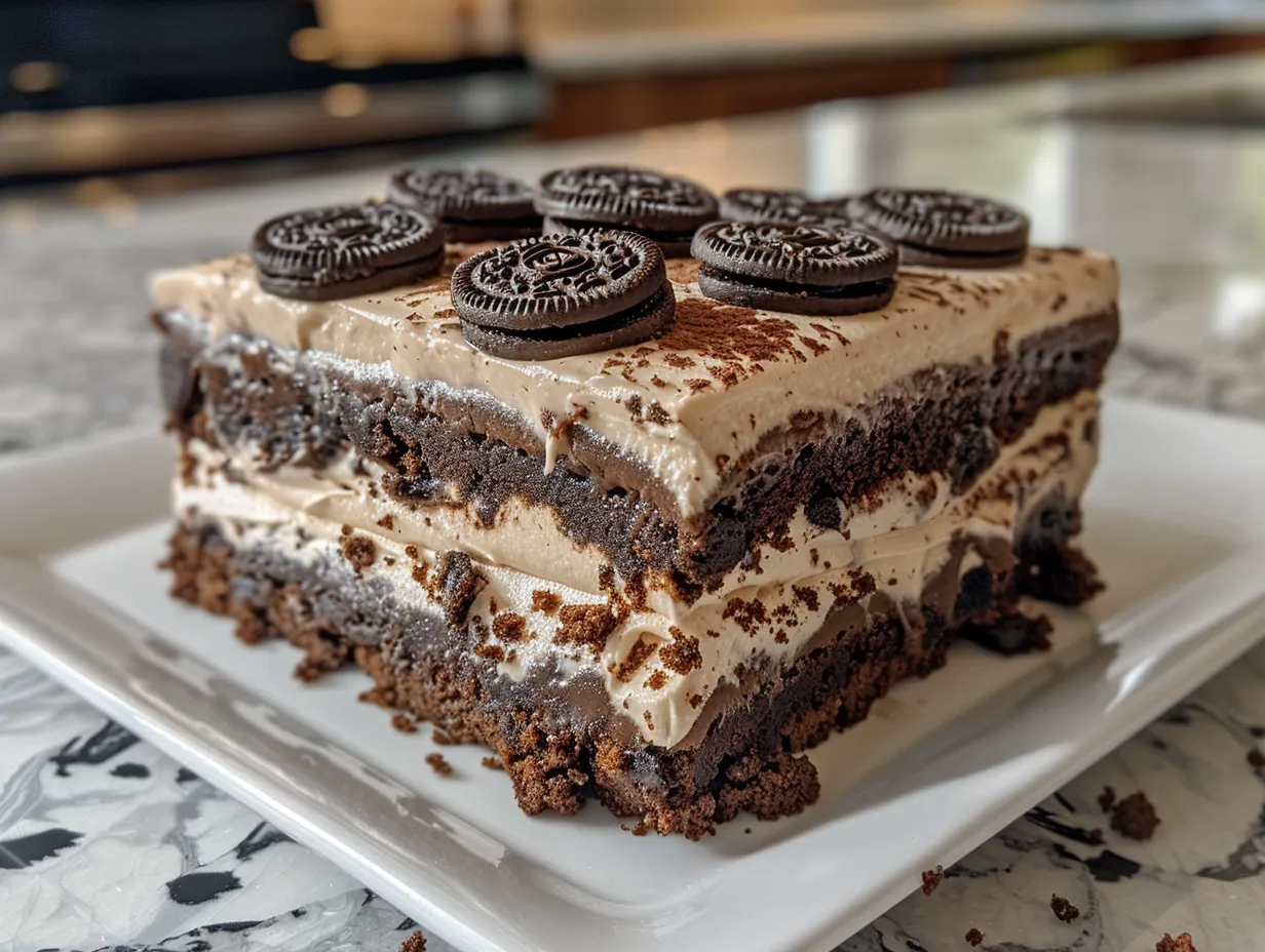 Finished Halloween Oreo Dirt Cake decorated with gummy worms and candy pumpkins.