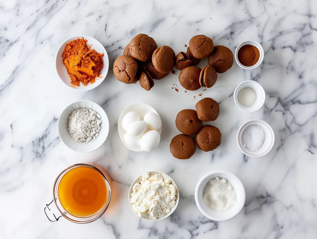 Halloween whoopie pie ingredients including flour, cocoa powder, sugar, and other baking essentials displayed on a marble surface