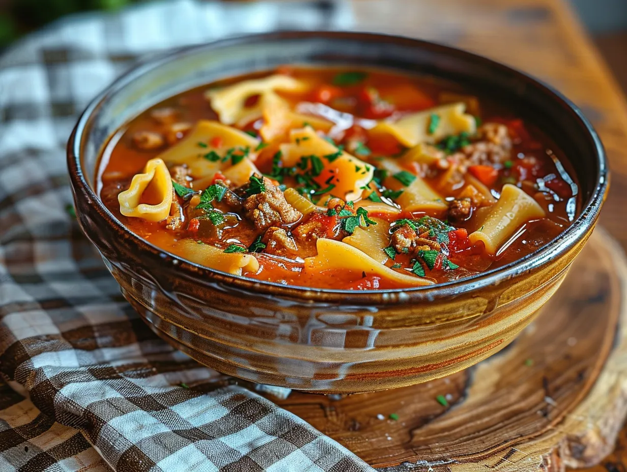 A warm and hearty bowl of vegetarian lasagna soup, topped with ricotta cheese and parsley.
