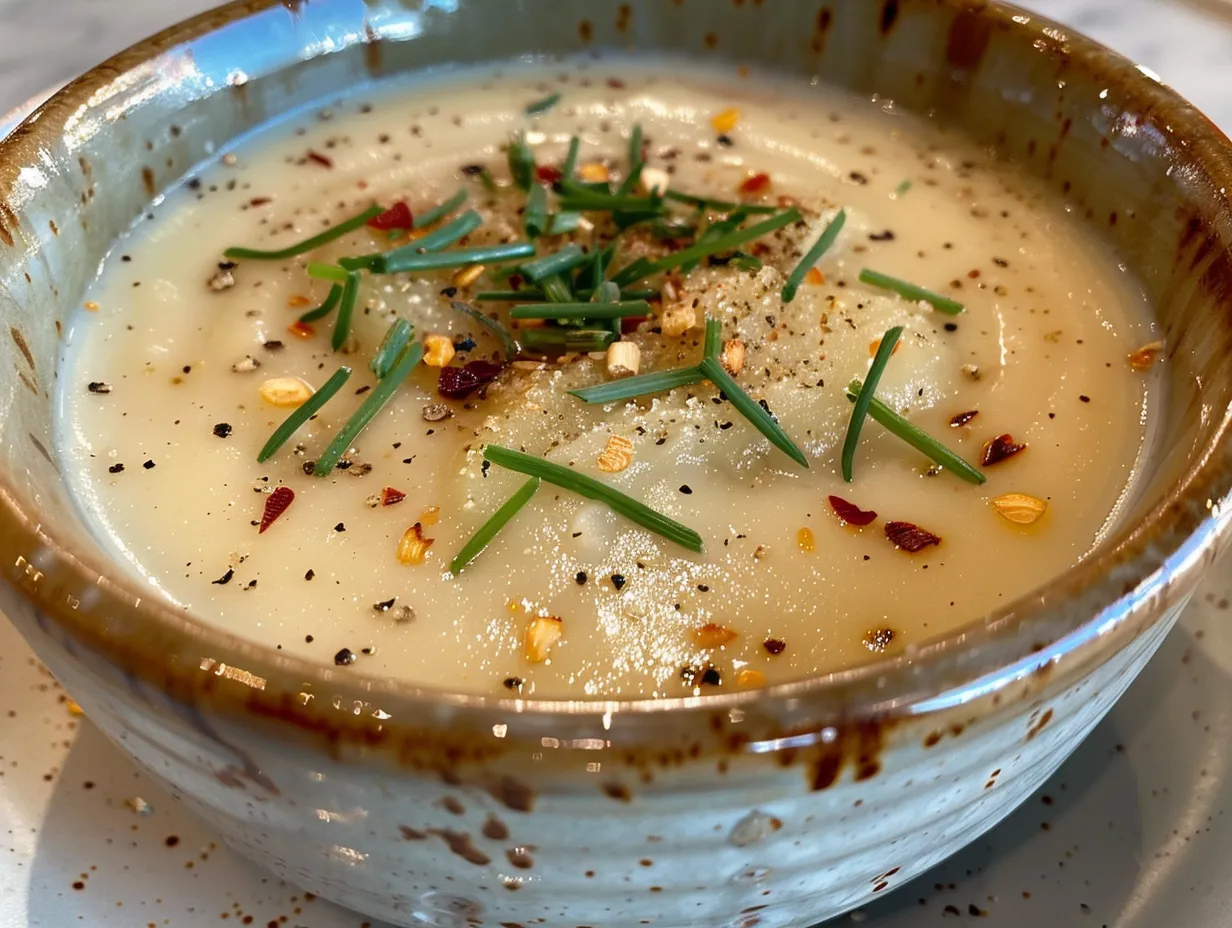 Delicious bowl of homemade roasted garlic potato soup garnished with fresh herbs.