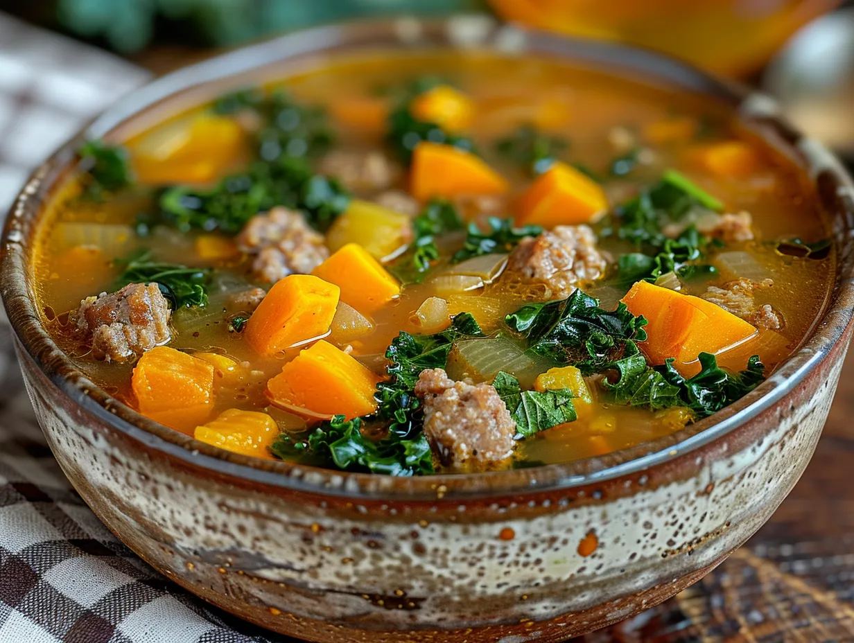 A bowl of homemade sausage sweet potato kale soup, garnished with fresh herbs.