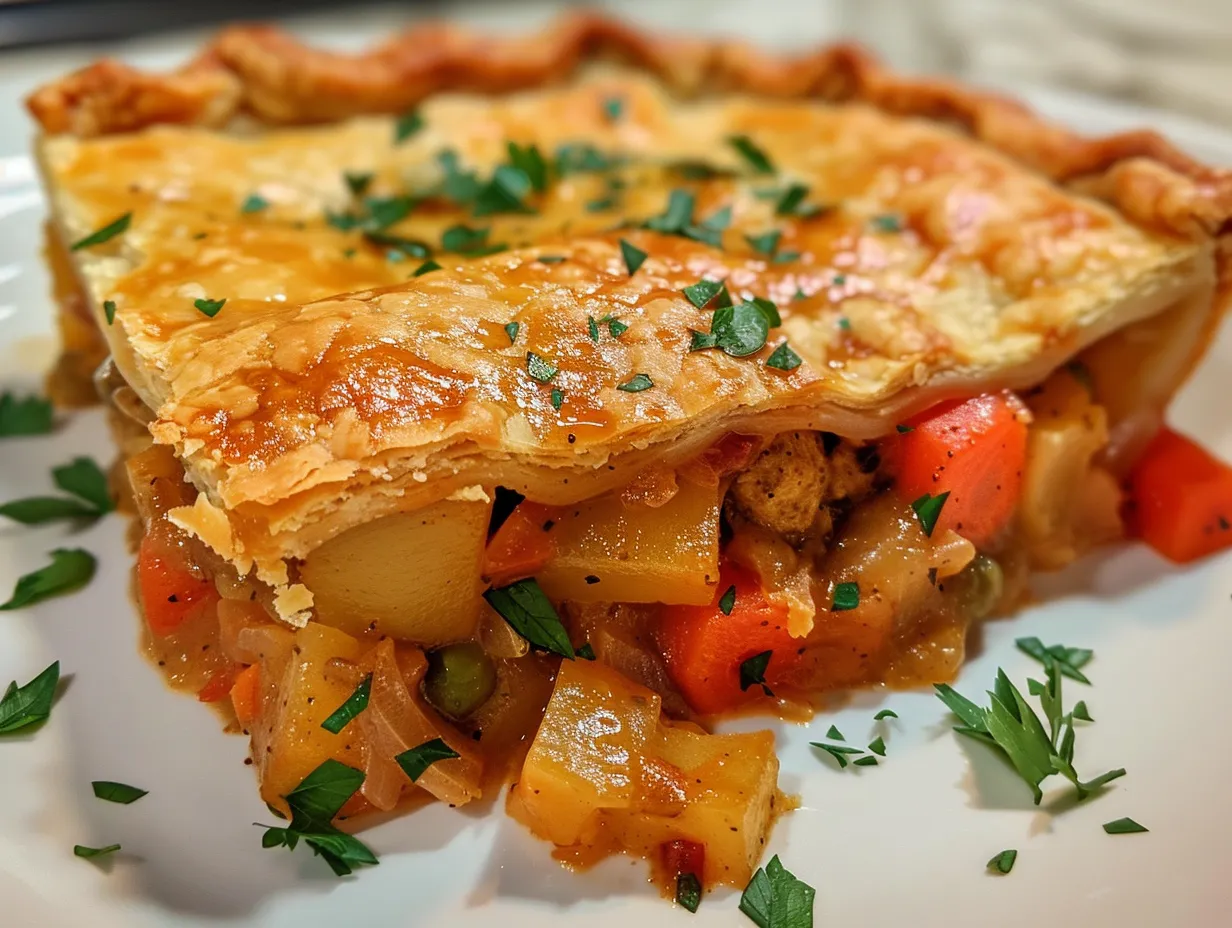 A freshly baked vegan Thanksgiving pot pie with a golden brown crust.