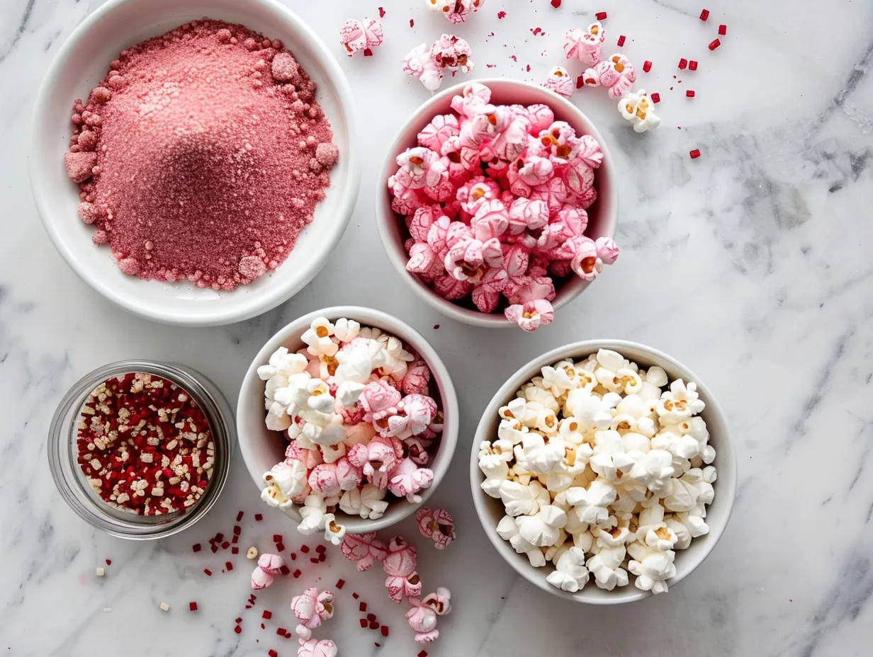Ingredients for making Bloody Red Velvet Popcorn including popcorn kernels, sugar, butter, cocoa powder, and red food coloring
