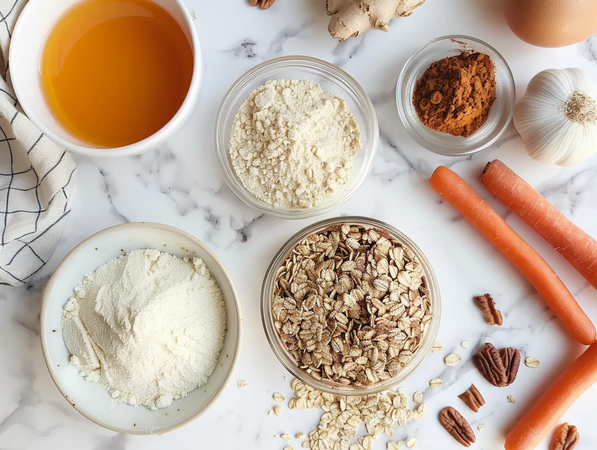 Ingredients for making carrot cake oatmeal cookies, including butter, sugar, spices, and oats, arranged on a marble countertop.