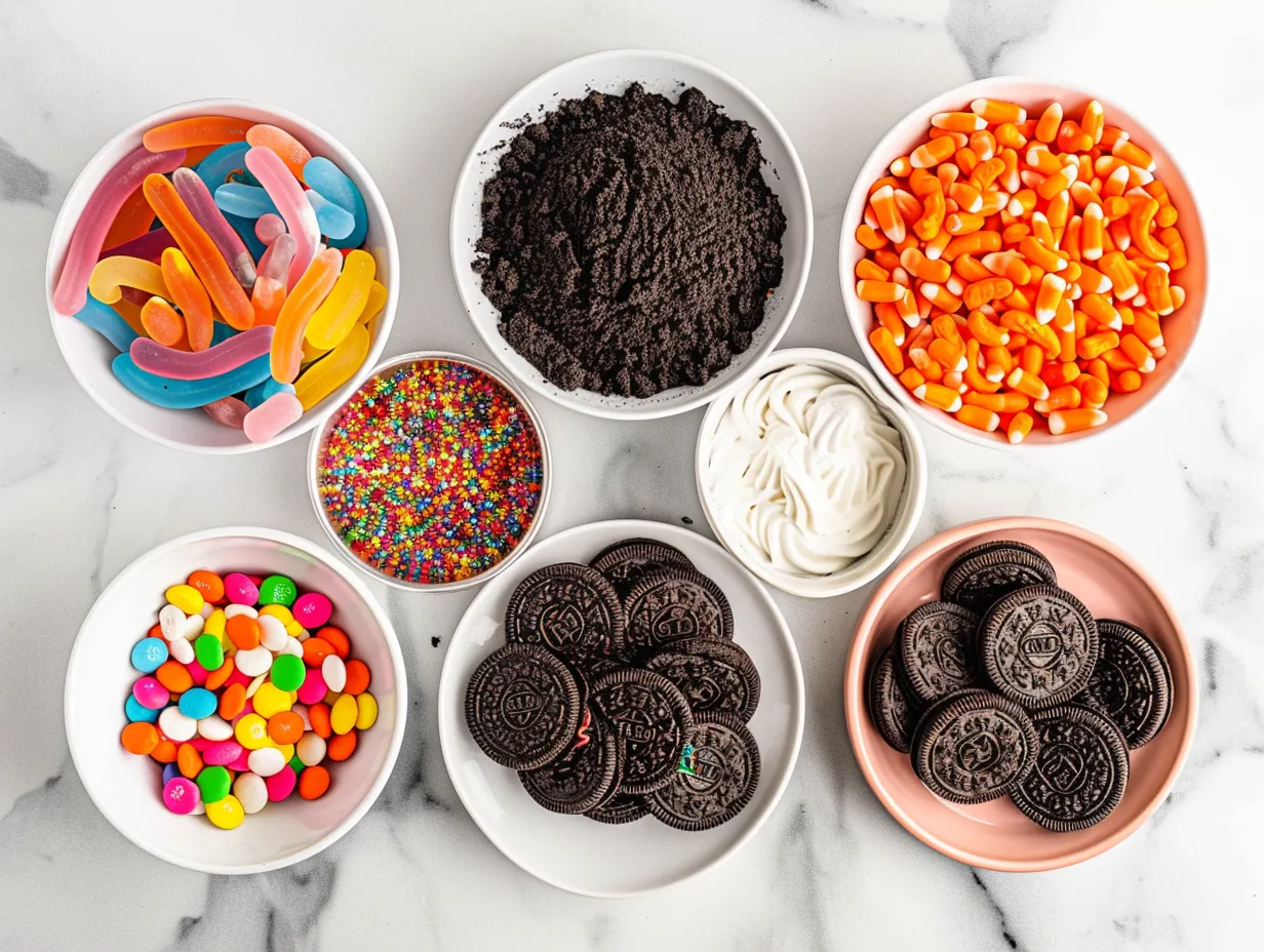 Ingredients for Halloween Oreo Dirt Cake including Oreos, cream cheese, pudding mix, whipped topping, and Halloween candies.