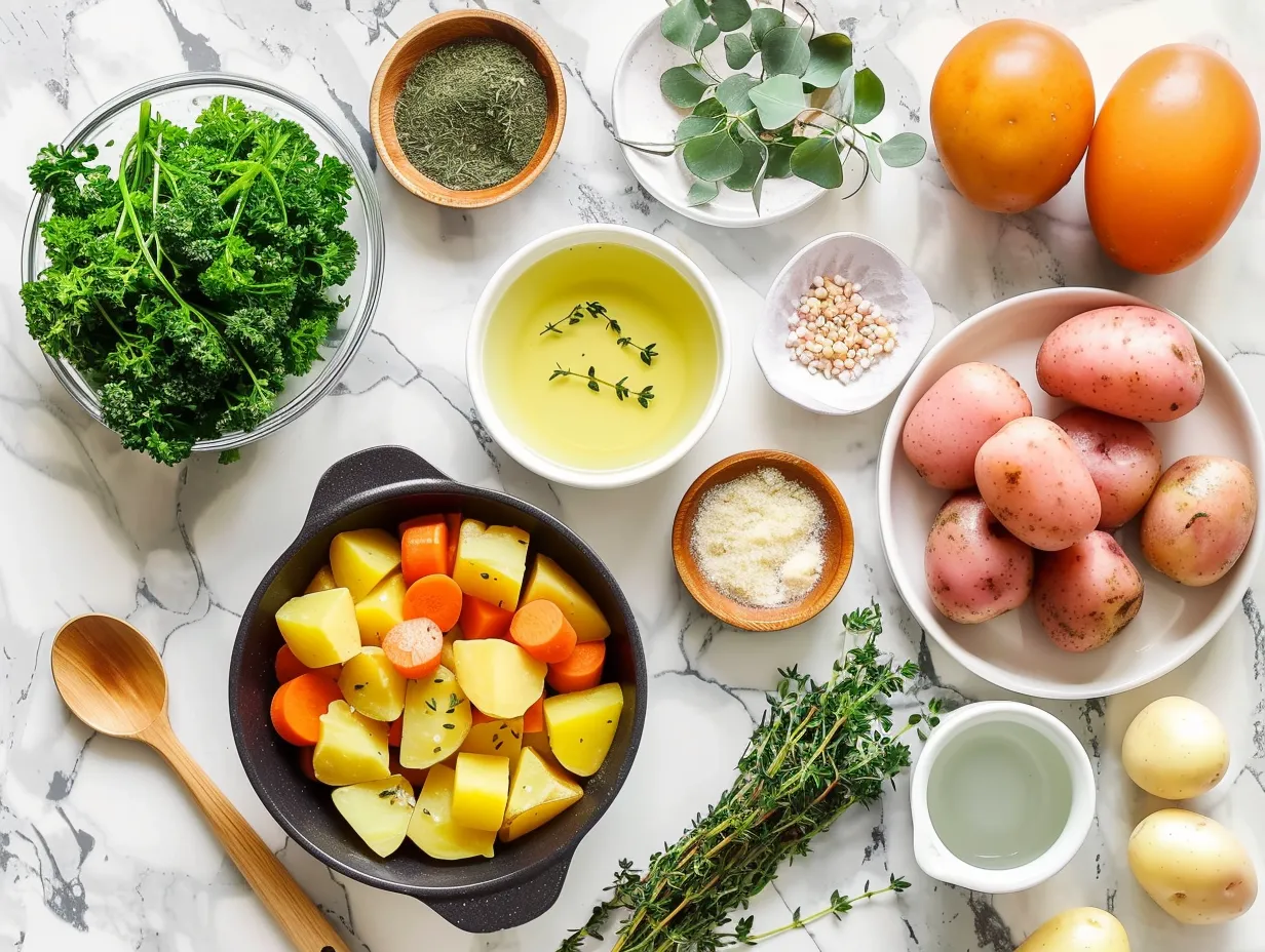 Ingredients for making Kielbasa Potato Soup: kielbasa, potatoes, onion, garlic, and spices