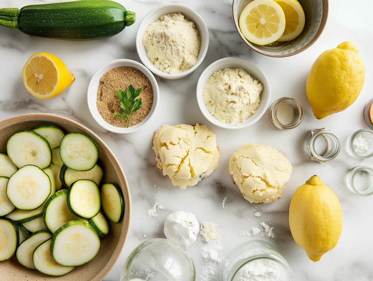 Ingredients for lemon glazed zucchini cookies including flour, zucchini, lemon, sugar, spices and butter