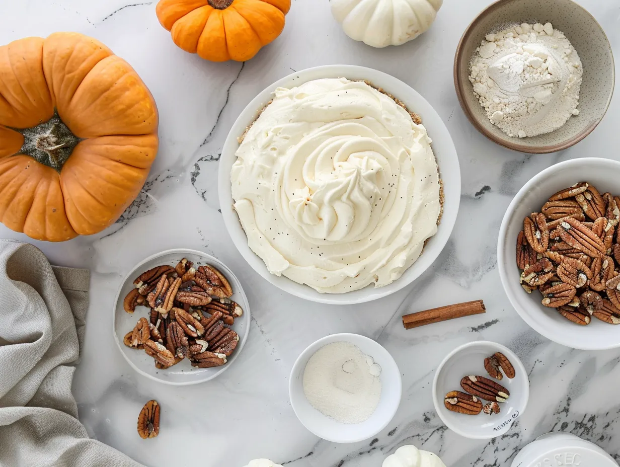 Ingredients for No Bake Halloween Cheesecake including chocolate cookies, cream cheese, pumpkin puree, and Halloween candy